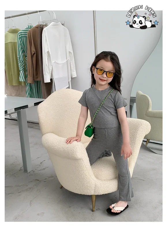LEZONKIDS - Cotton Comfortable Short Sleeve T-shirt + High Elastic Flared Pants Two-piece Baby Girls Summer Clothing